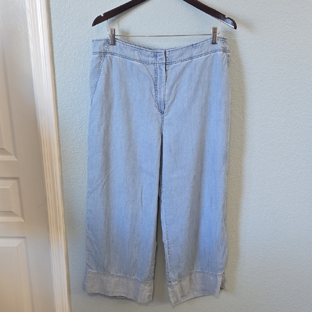 TRINA TURK High Rise Wide Legged Cropped Chambray Linen Light Blue Jeans Sz 14